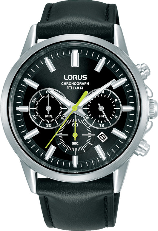 Lorus Gents Black Leather Strap Chronograph Watch